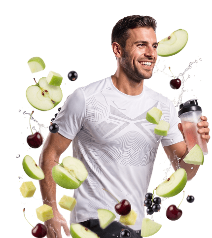 En man i sportkläder springer medan han håller i en shaker.