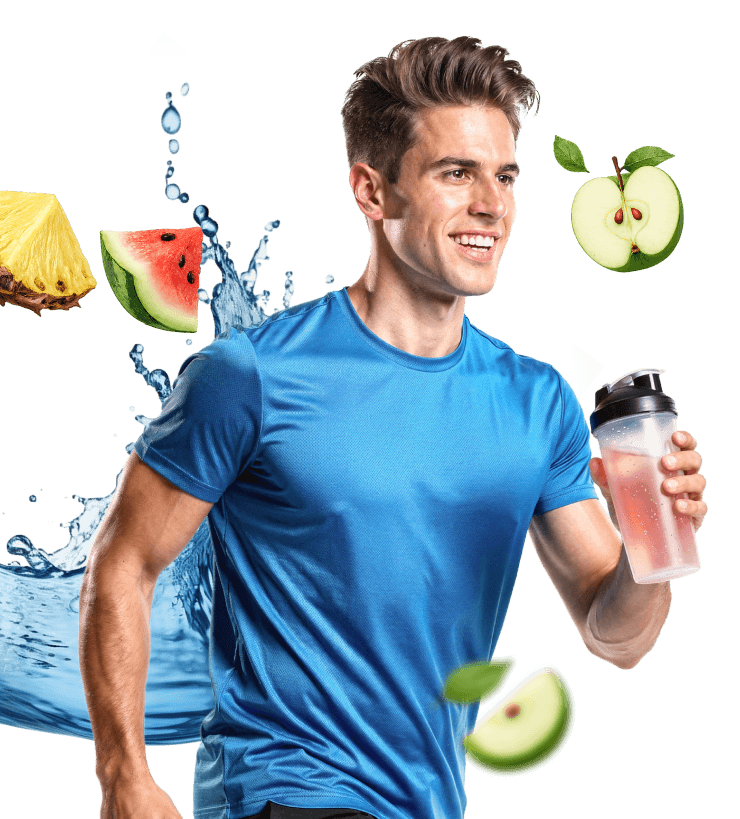 En man i sportkläder springer medan han håller i en shaker.